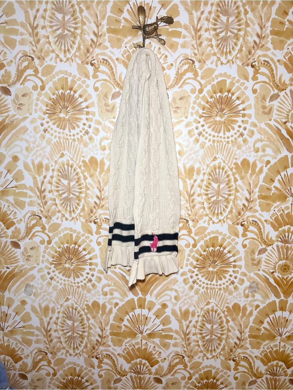 Polo Ralph Lauren Cable Knit Scarf Cream Navy Stripe Ruffle Trim Pink Pony Soft - Picture 7 of 9